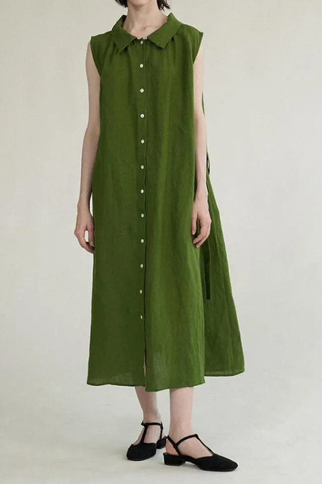 Linen Lapel Collar Sleeveless Midi Dress