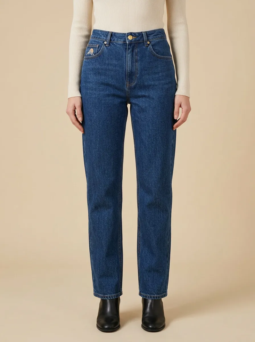 Women's Mountain Emblem Embroidered Coin-Pocket High-Rise Straight-Leg Jeans