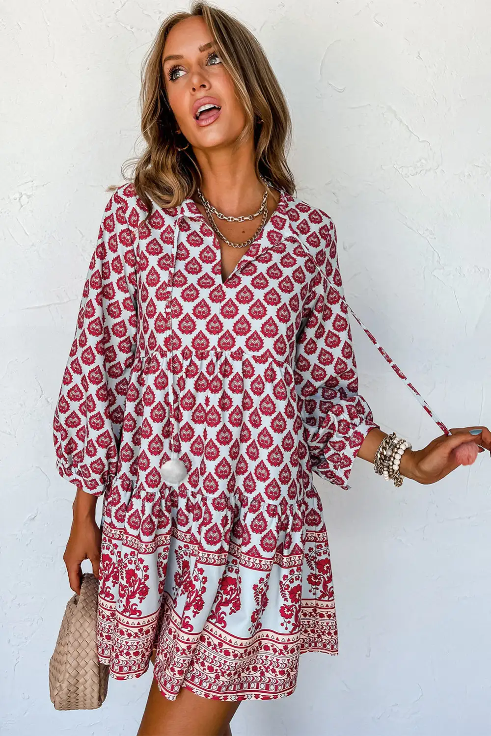 Boho Tassel Tie Split Neck Puff Sleeve Mini Dress
