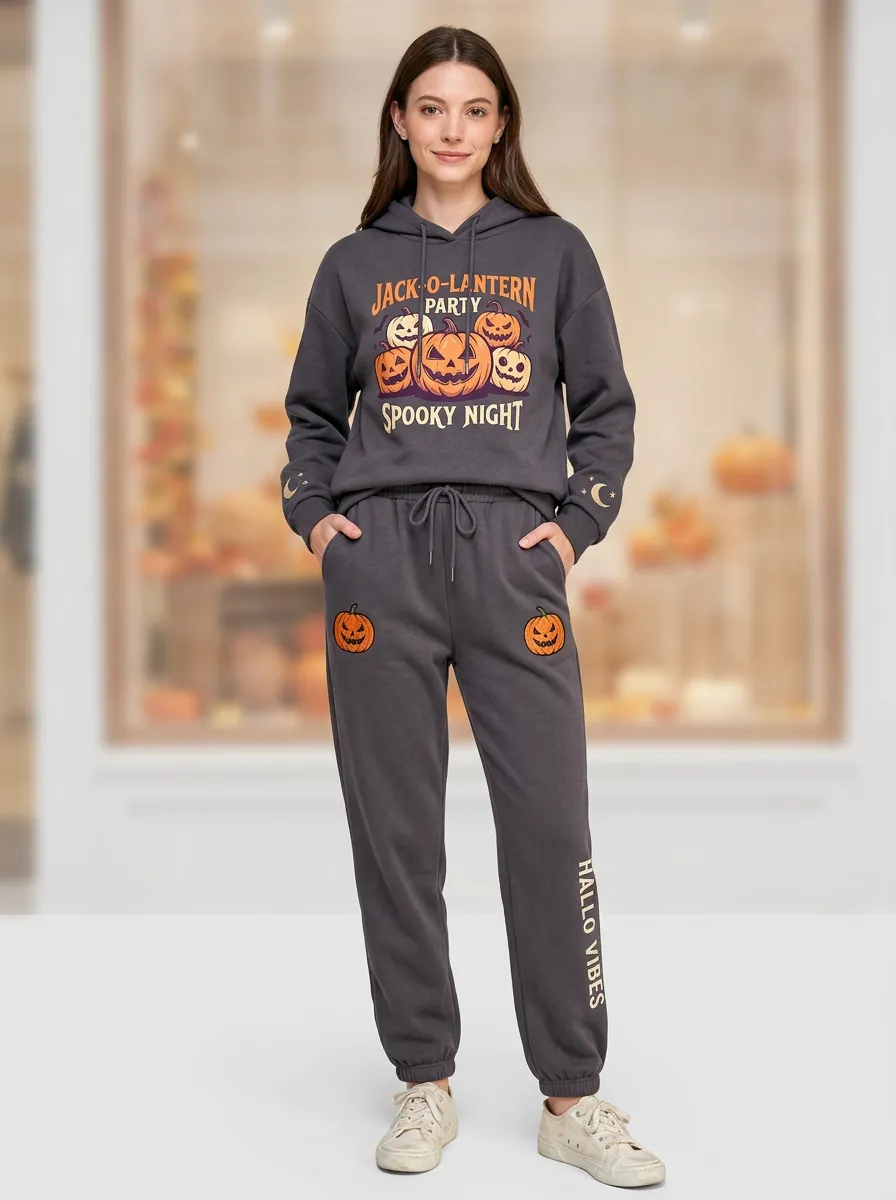 Women's Halloween Jack-o-Lantern Spooky Night Printed Tracksuit