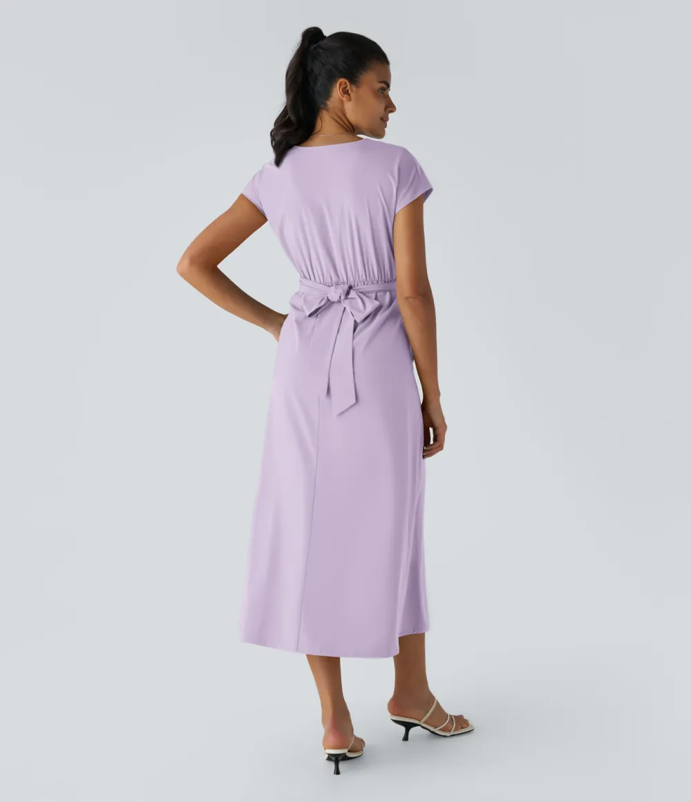 Breezeful V Neck Short Sleeve Side Pocket Tie Back Quick Dry Midi Casual Dress