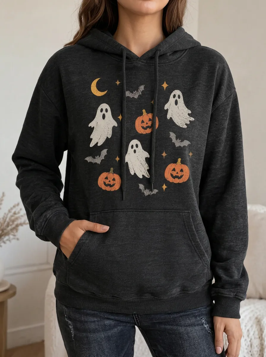 Women's Halloween Ghost Pumpkin Bat Pullover Graphic Hoodie