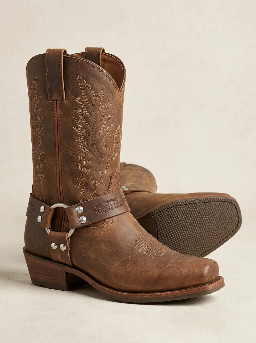 Men's Western Cowboy Brown Leather Embroidered Harness Boots