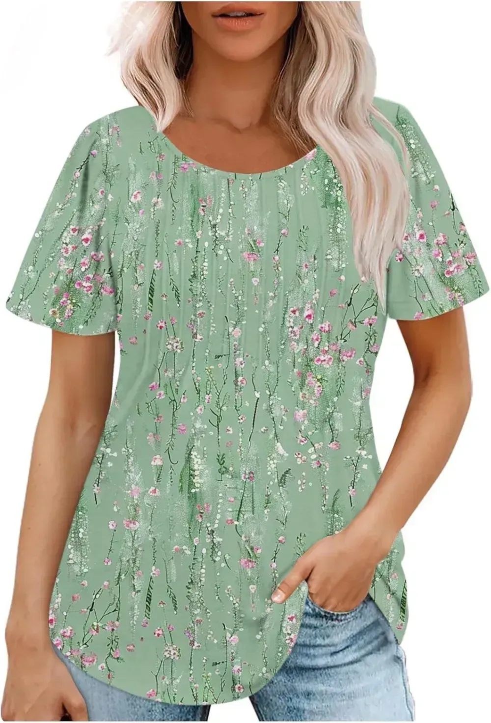 Womens Summer Pleated Front Shirts Tunics Casual Short Sleeved Loose Round Neck Boho Printed Tops Vacation Blouse