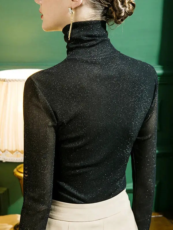 Long Sleeve Curve Fit Sheer Sequined Panel Detail High Neck T-Shirt