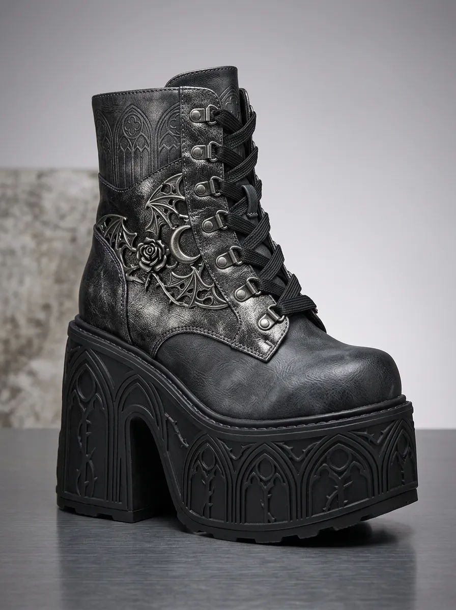 Nightfall Bat Rose Moon Victorian Look Women's Gothic Platform Boots
