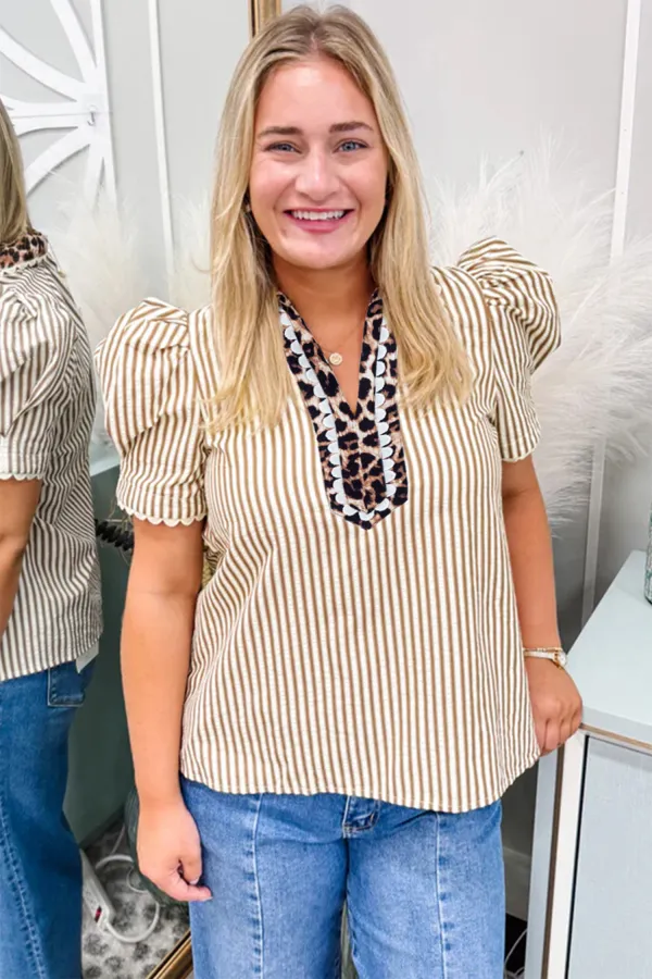 Brown Stripe Ricrac Trim Short Sleeve Blouse