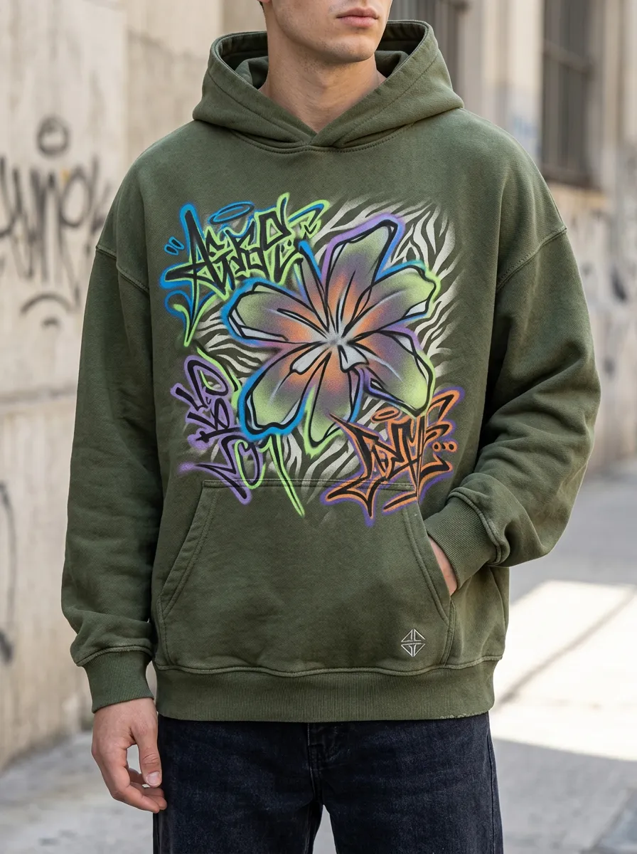 Unisex Streetwear Graffiti Flower Zebra Print Contemporary Graphic Hoodie
