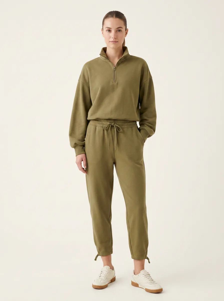 Women's Olive Green Quarter Zip Sweatshirt Jogger Lounge Set