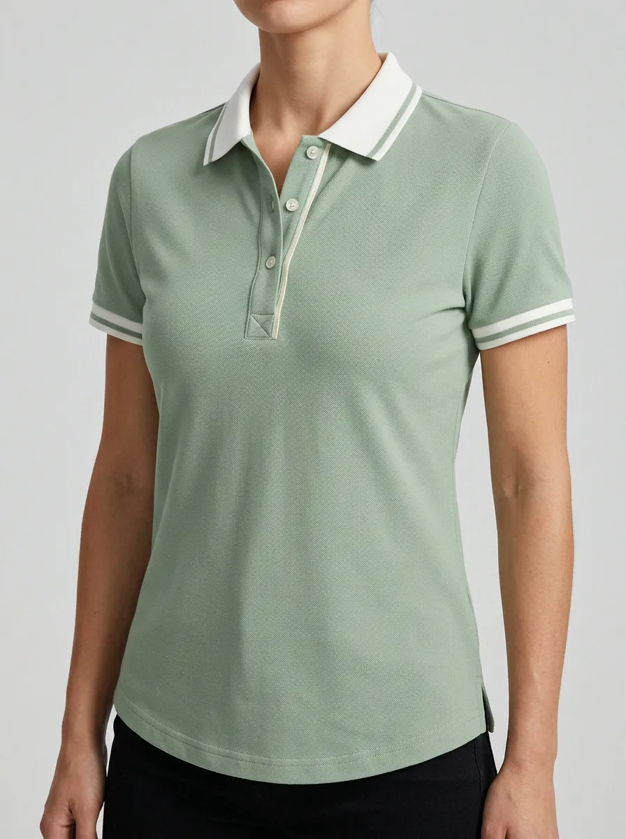 Women's Sage Green Contrast Trim Casual Polo Shirt