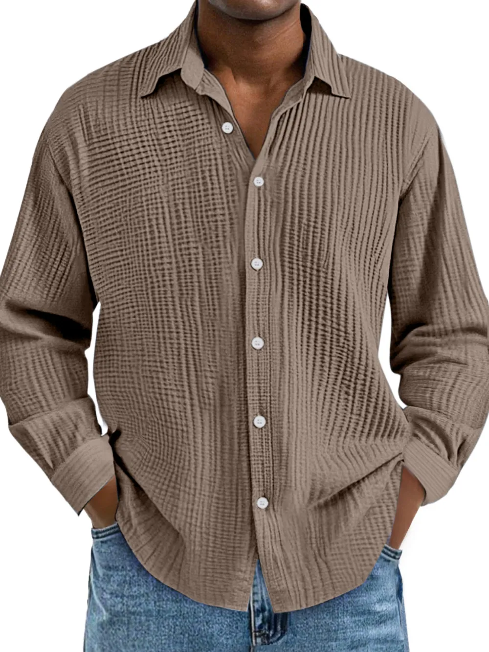 Relaxed Long Sleeve Open Collar Pleated Front Shirt