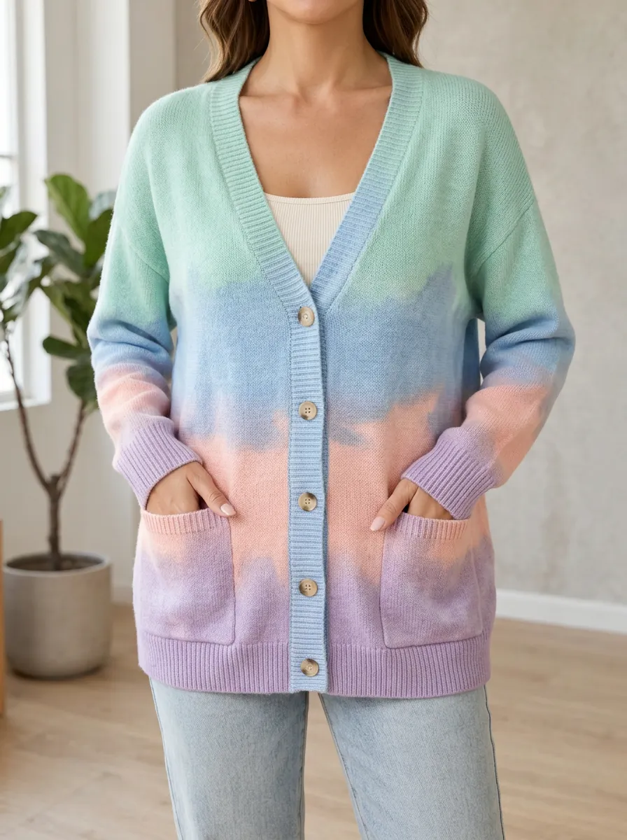 Women's Pastel Tie-Dye Patterned Button-Down Button Front Casual Layering Cardigan