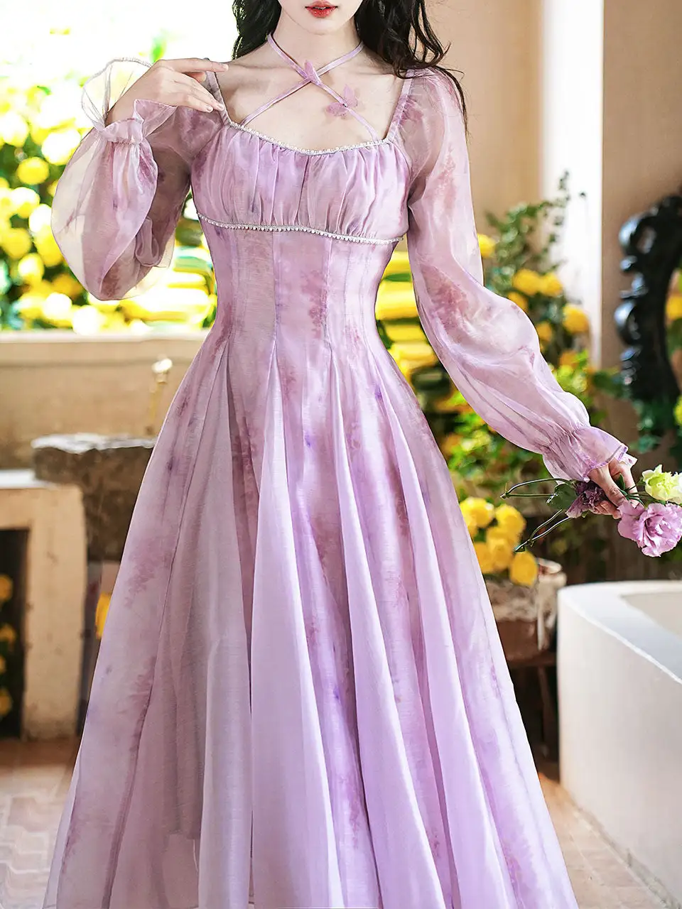 Butterfly Square Neck Long Dress
