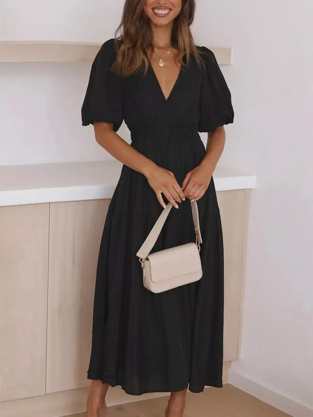 Everyday V-neck Puff Sleeve Midi Dress