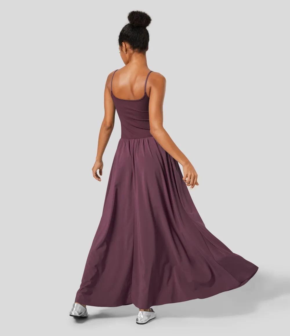 Breezeful Backless Side Pocket Plicated Flowy Flare Maxi Quick Dry Casual Slip Dress