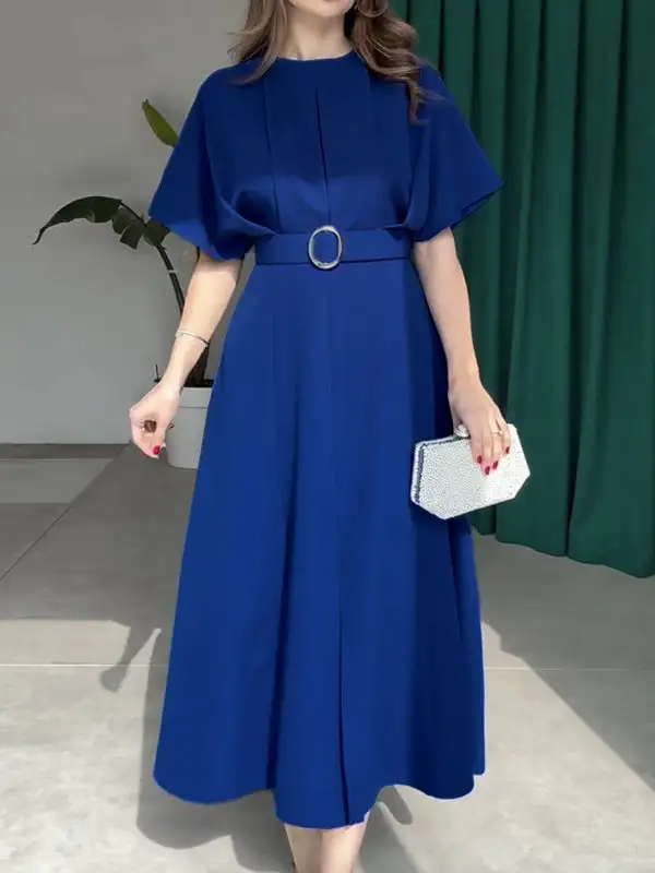 Split Pleated Sleeve Neck Maxi Dress