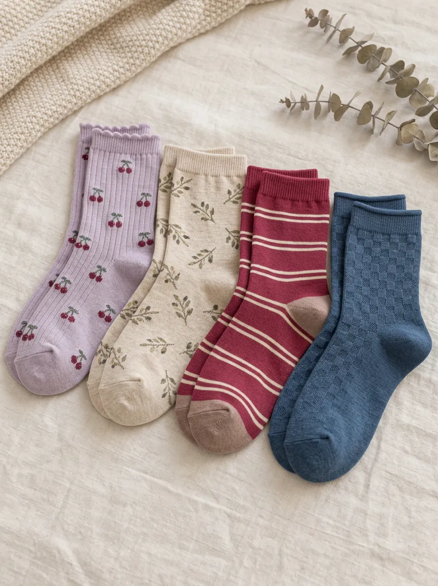 Women's Cherry Leaf Striped Checkered Pattern Printed Socks Set