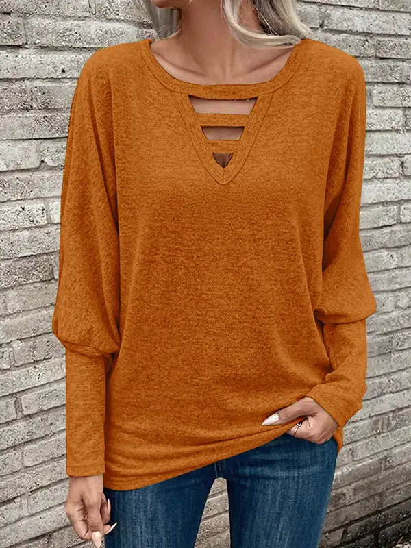 Long Sleeve Relaxed Cutout Panel Detail V-Neck Polyester T-Shirt