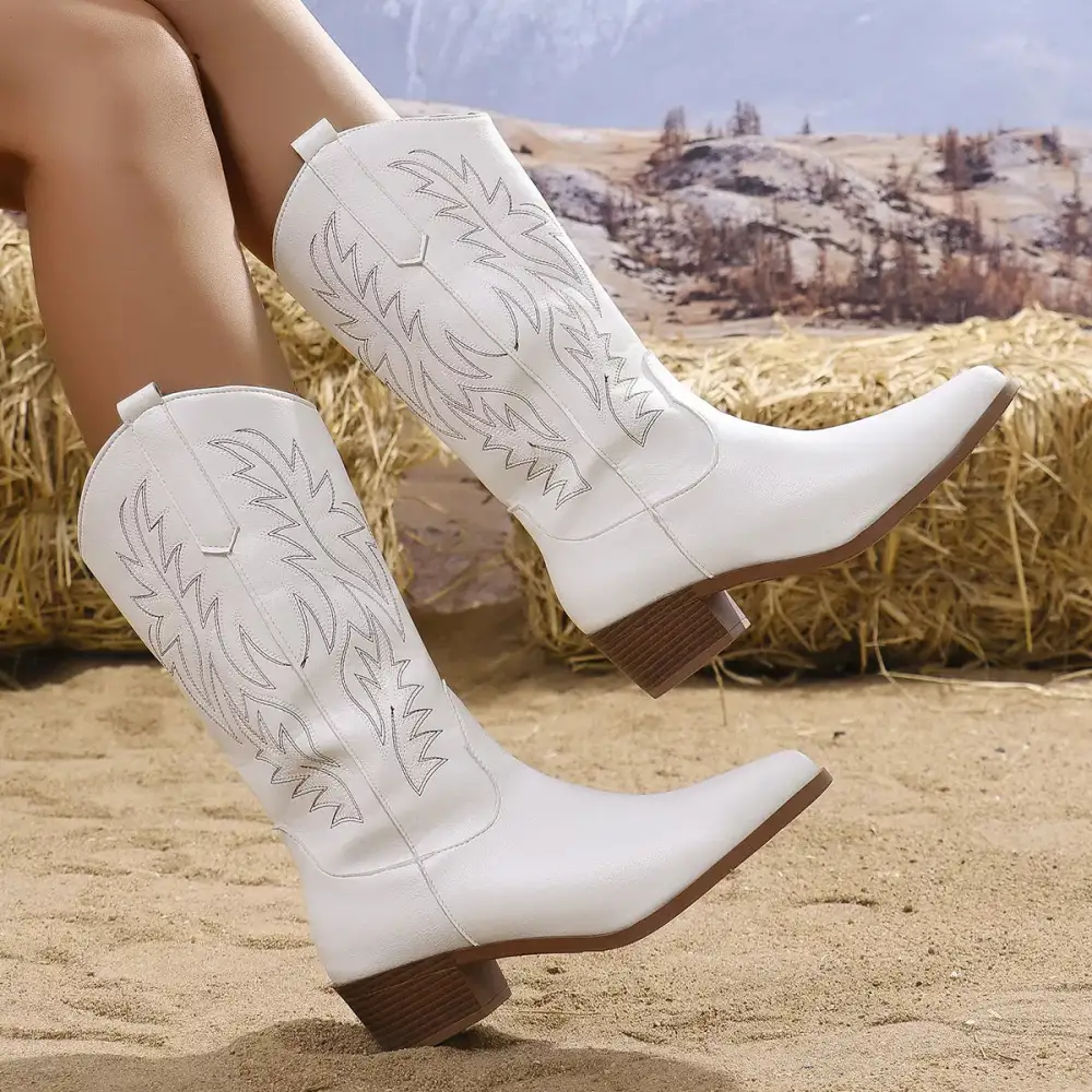 Classic Embroidered Point Toe Block Heels Boots