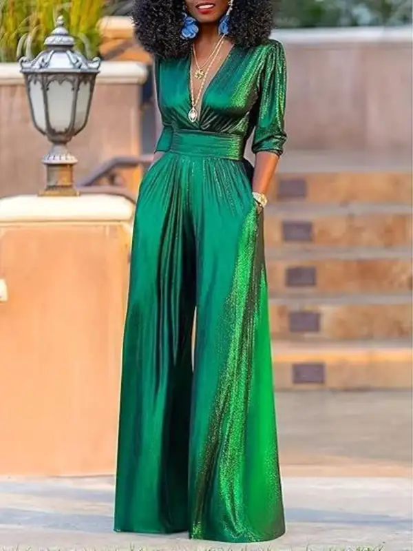 Deep V Neck Wide Leg Jumpsuit