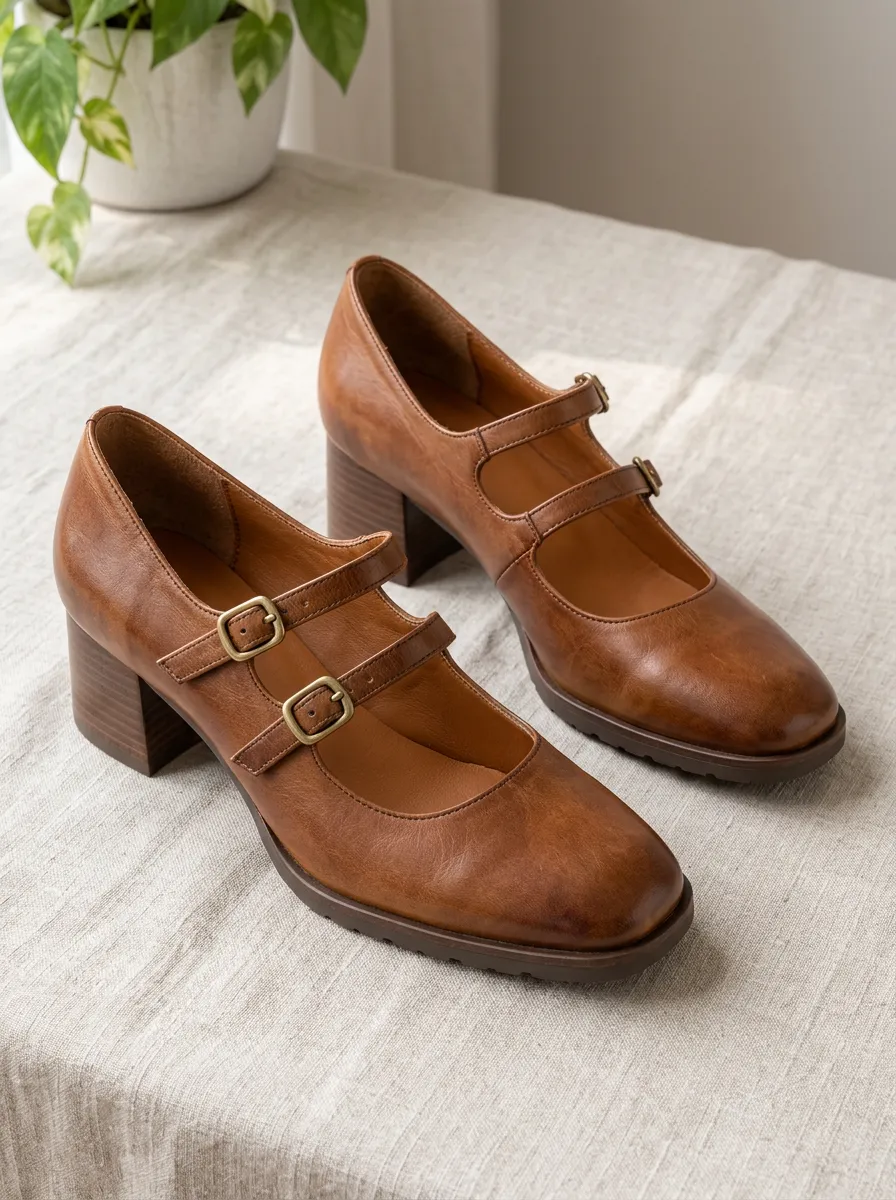 Women's Vintage Double Buckle Mary Jane Block Heel Shoes