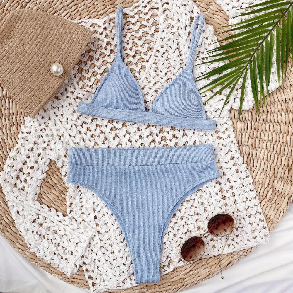 Spaghetti Strap Ribbed Bikini Set Accessory