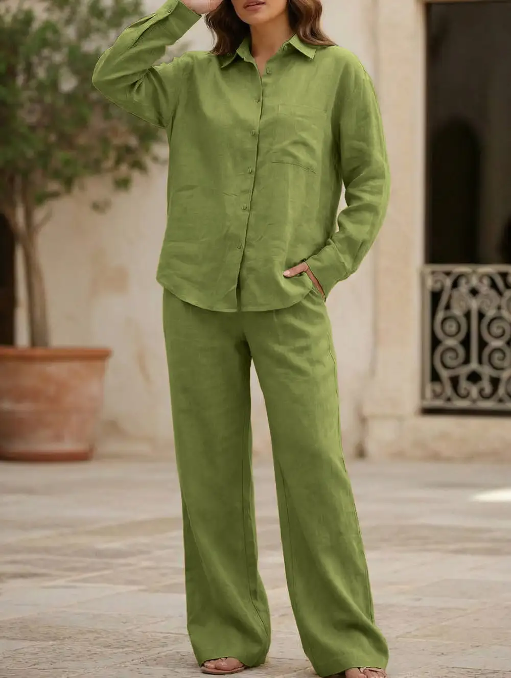 Shirt and Loose Wide-Leg Pants Suit