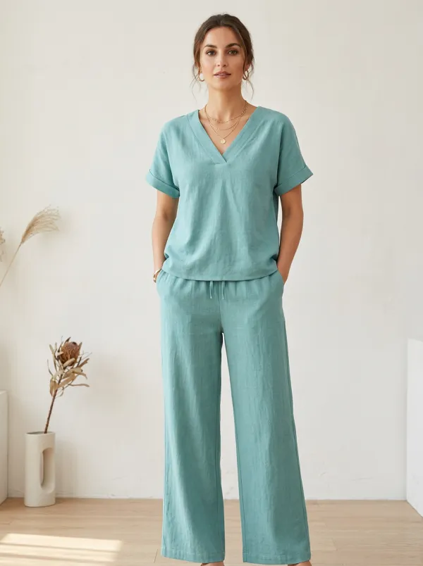 Button-Front Relaxed Women's V-Neck Casual Lounge Set