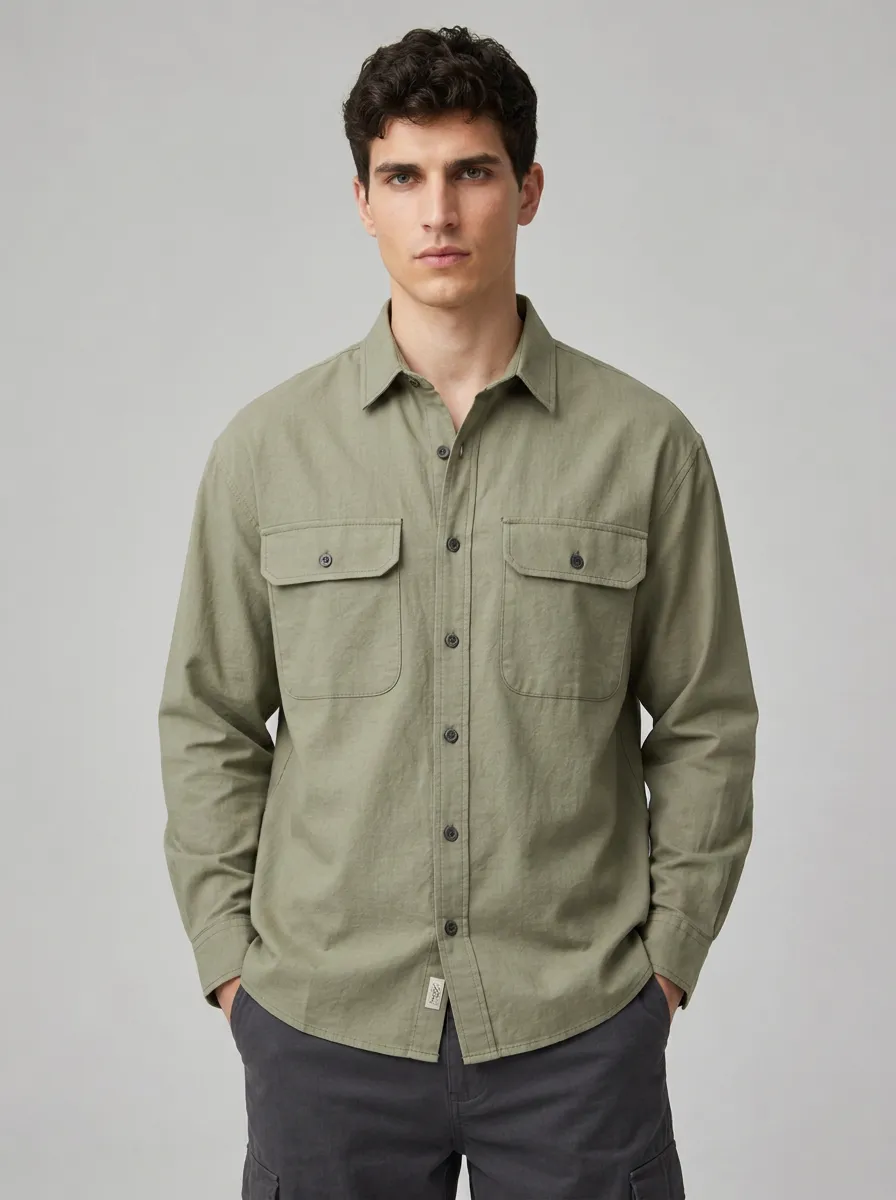Men's Olive Green Utility Button-Down Shirt - Design A