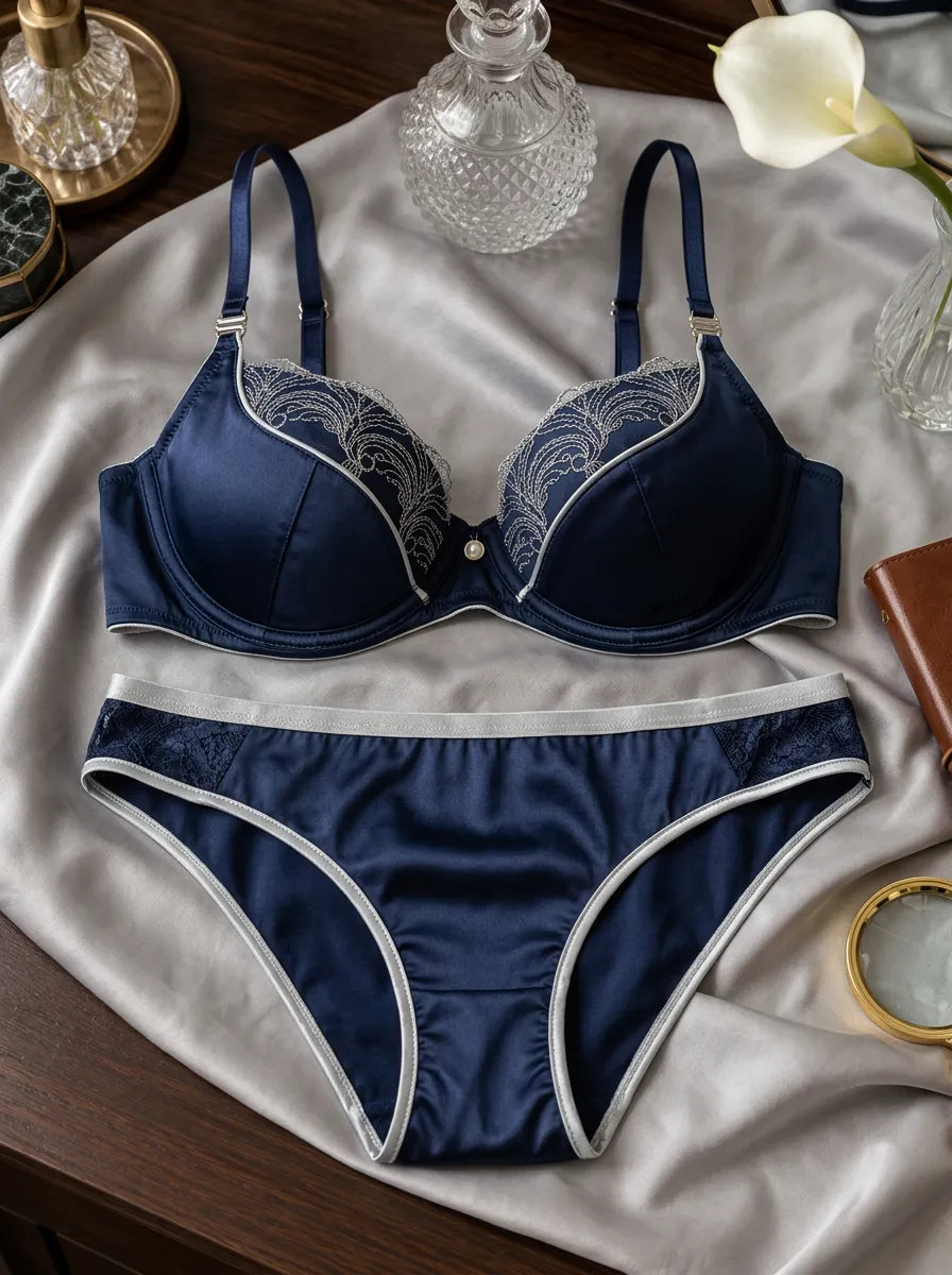 Women's Satin Floral Lace Embroidered Lingerie Set