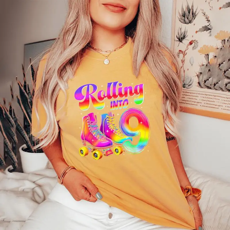 9Th Birthday Girl Nine 9 Year Old Roller Skate Skating Party Women's Oversized Comfort T-Shirt