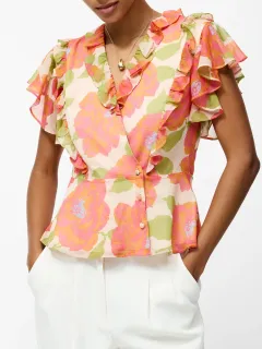 Breathable V-Neck Cropped Top With Ruffled Sleeves