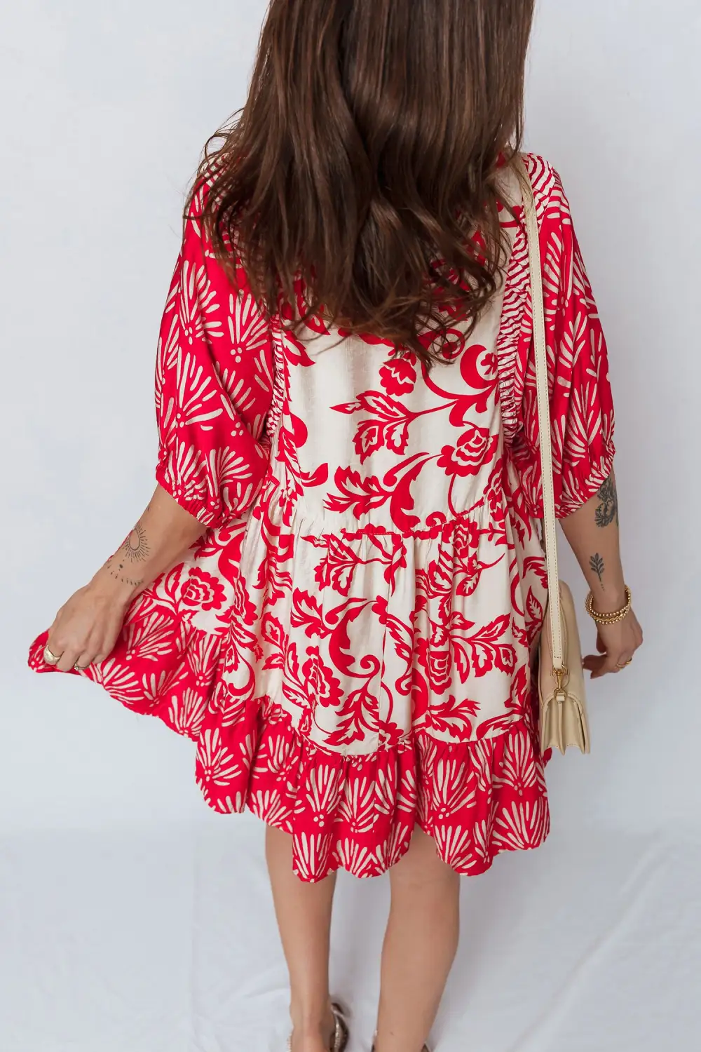 Women's V Neck Collared Half Sleeve Loose Fit Mini Dress