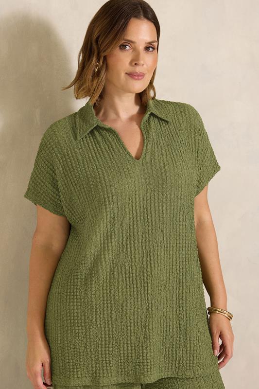 Khaki Green Crinkle Short Sleeve Top detail 1