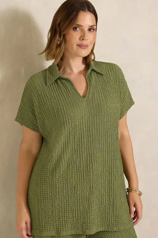 Khaki Green Crinkle Short Sleeve Top