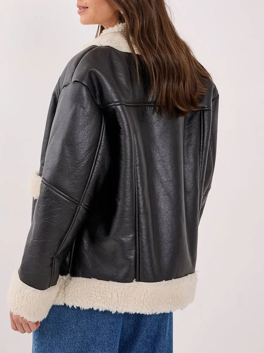 Black Leather Shearling Lined Cropped Jacket