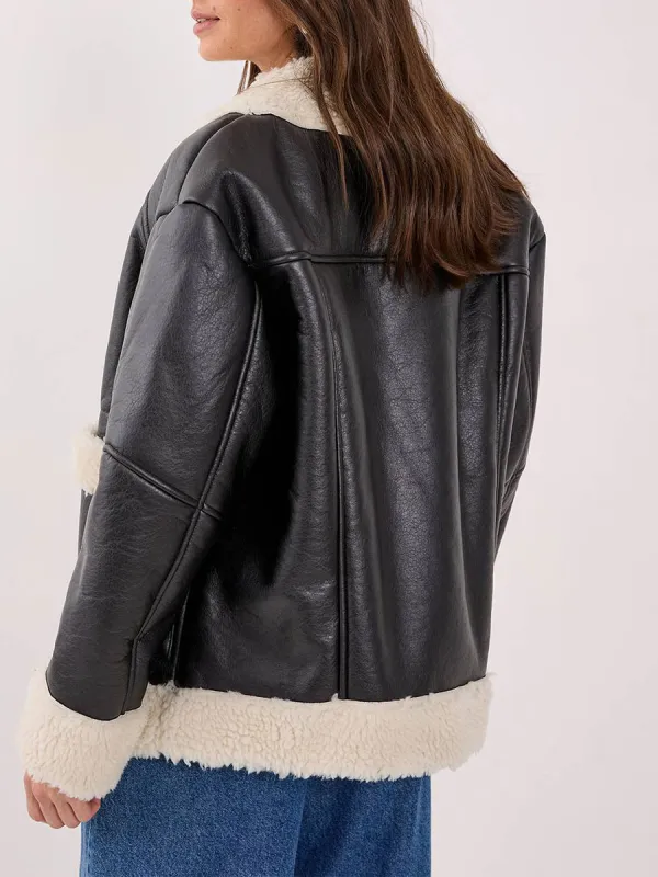 Black Leather Shearling Lined Cropped Jacket