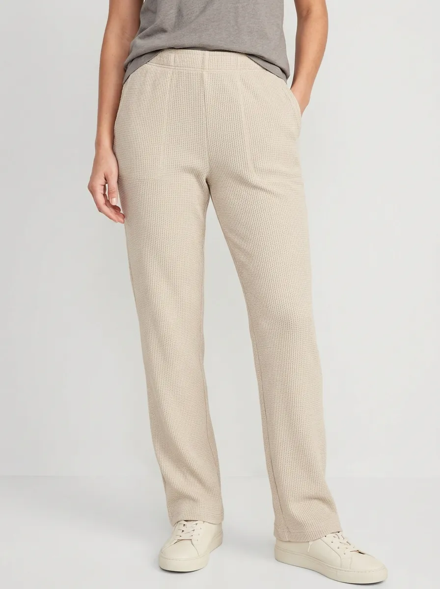 Women's Casual Lounge Waffle Knit Beige Elastic Waist Pants