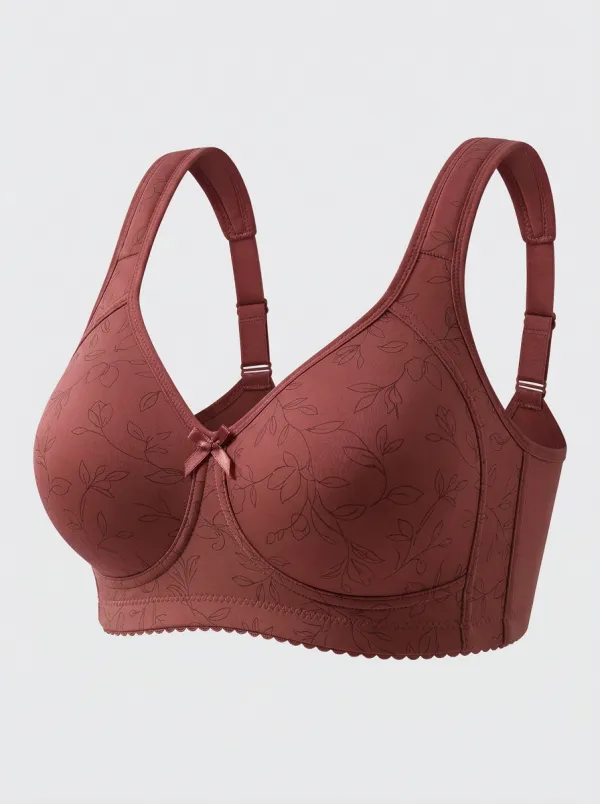 Women's Plus Size Beige Floral Outline Full-Coverage Wide-Strap Wireless Bra