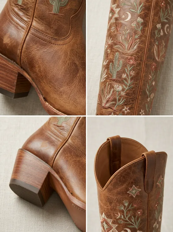 Men's Western Boho Cactus Floral Moon Star Embroidered Cowboy Boots