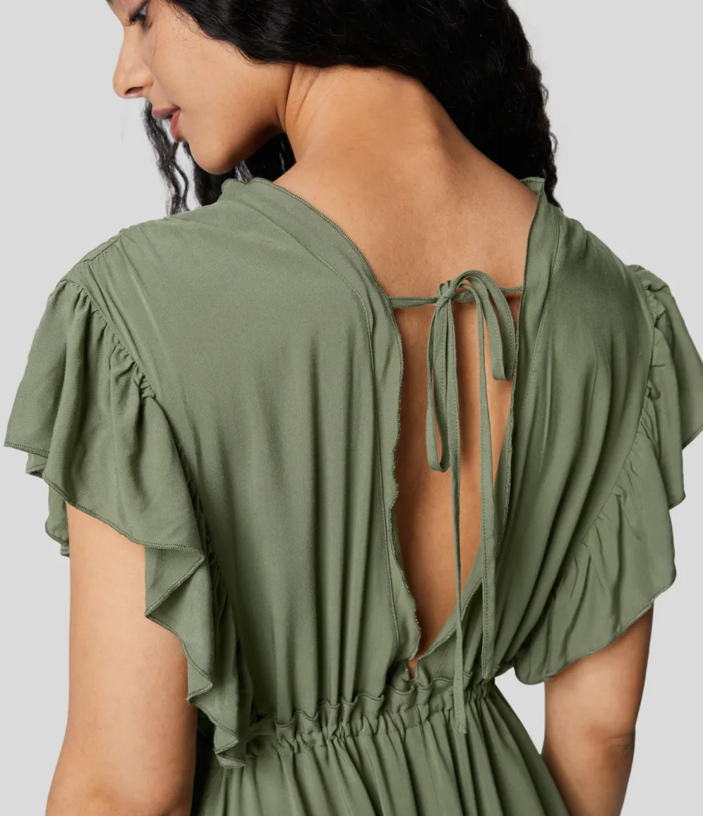 Deep V Neck Butterfly Sleeve Backless Drawstring Button Side Pocket Flowy Maxi Casual Dress