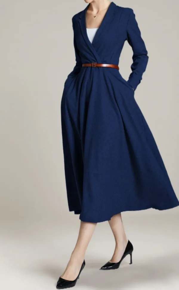 Wool Blend V Neck Long Sleeve Midi Dress