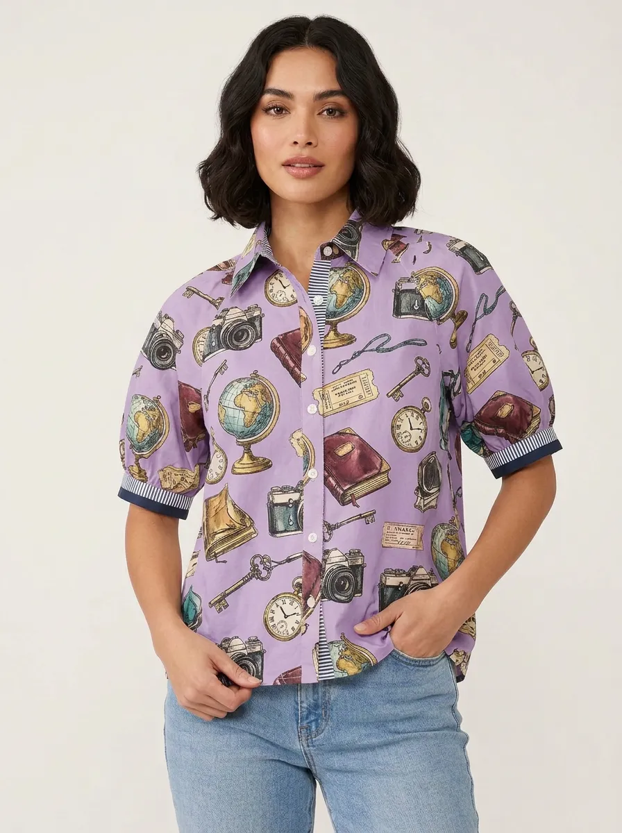 Women's Travel Enthusiast Globe Camera Book Printed Shirt