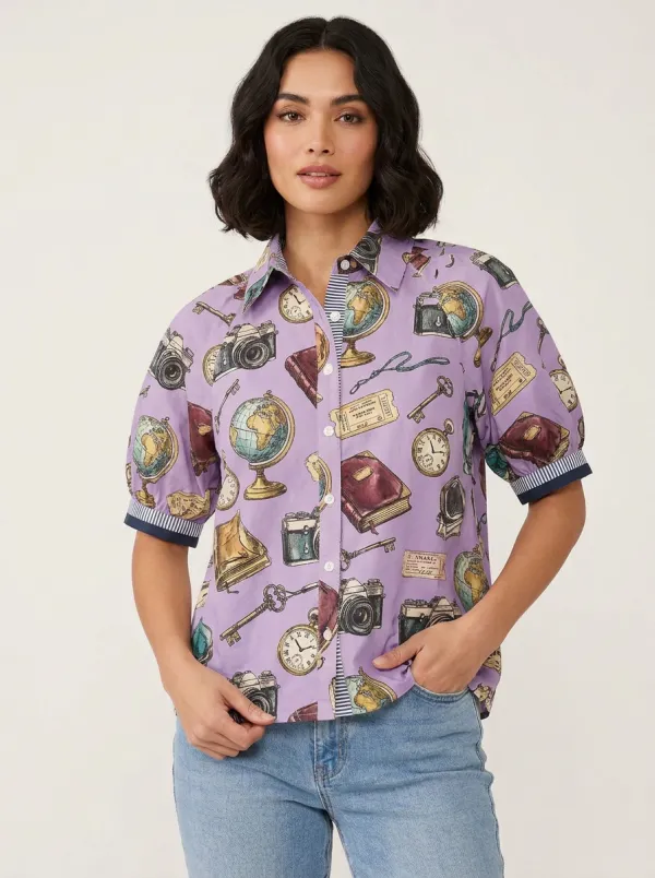 Women's Travel Enthusiast Globe Camera Book Printed Shirt