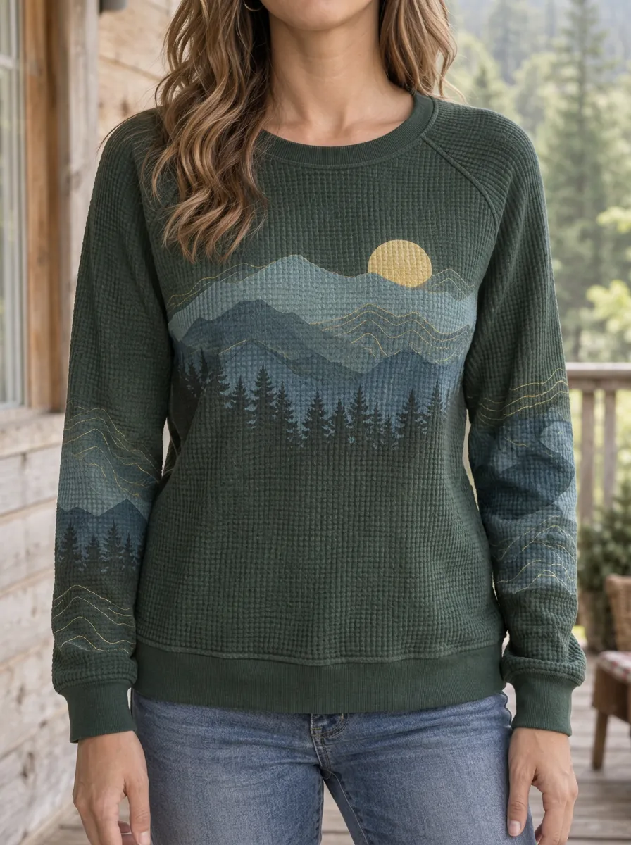 Women's Mountain Forest Nature Lover Graphic Waffle Knit Crewneck Sweatshirt