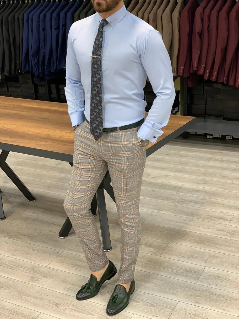 Refined Contemporary Slim Fit Plaid Tailored Trousers