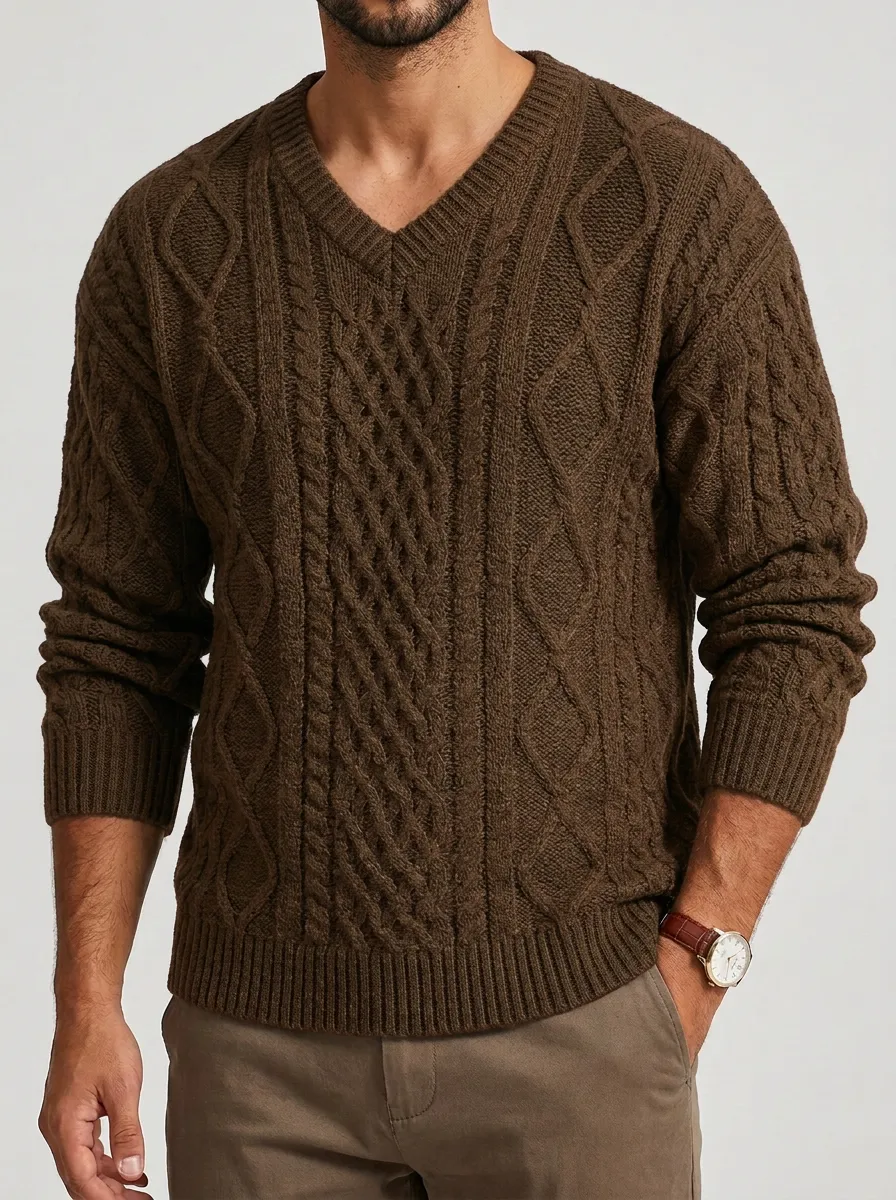 Men’s Ribbed Cable-Knit V-Neck Layering Sweater