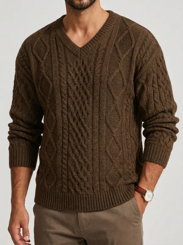 Men’s Ribbed Cable-Knit V-Neck Layering Sweater