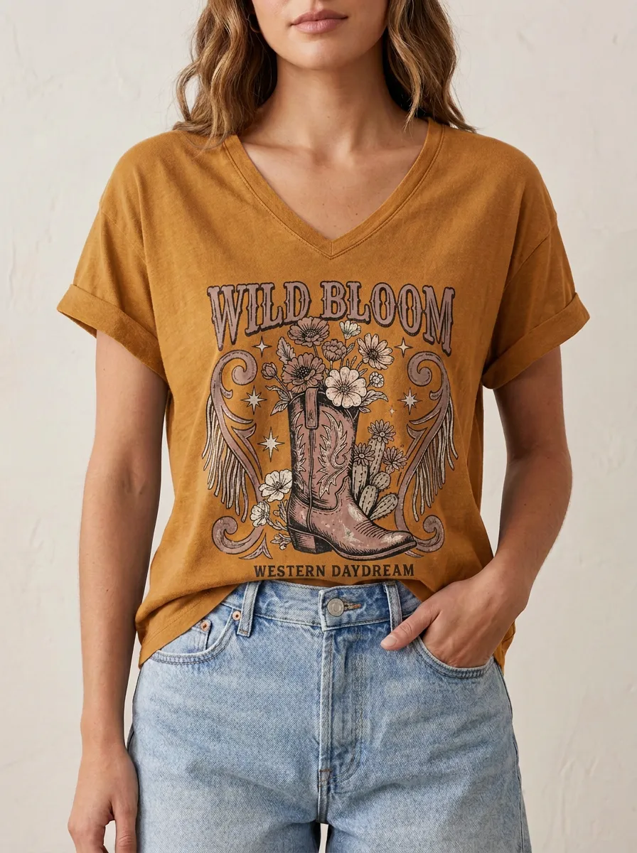 Refined Cowboy-Boot Floral Women's V-Neck T-Shirt