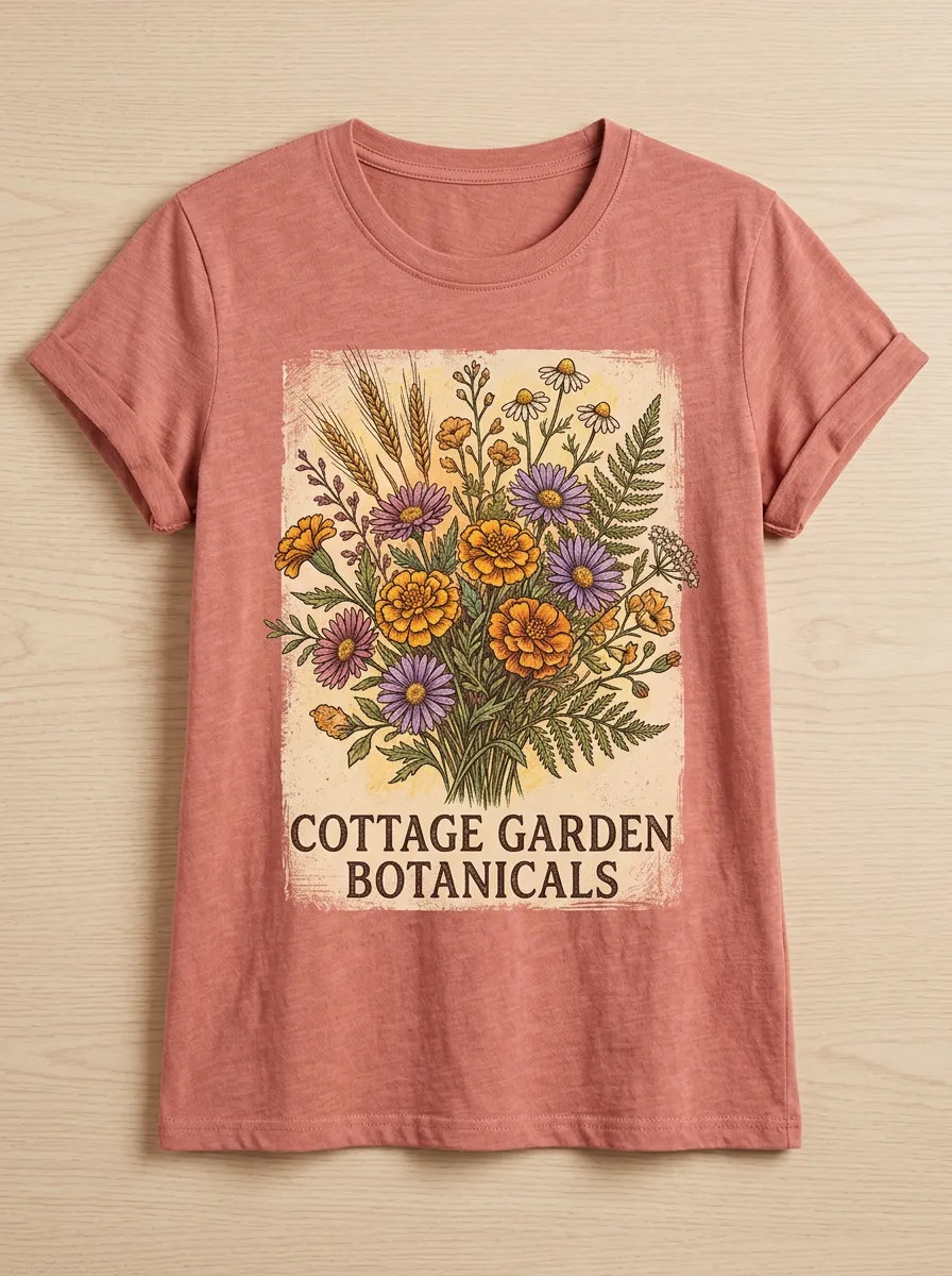 Women's Cottage Garden Botanical Flower Bouquet Printed T-shirt